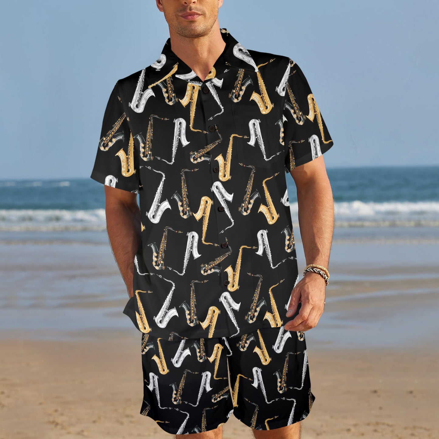 Saxophone Pattern Print Design 01 Men's Beach Shirt and Shorts Set
