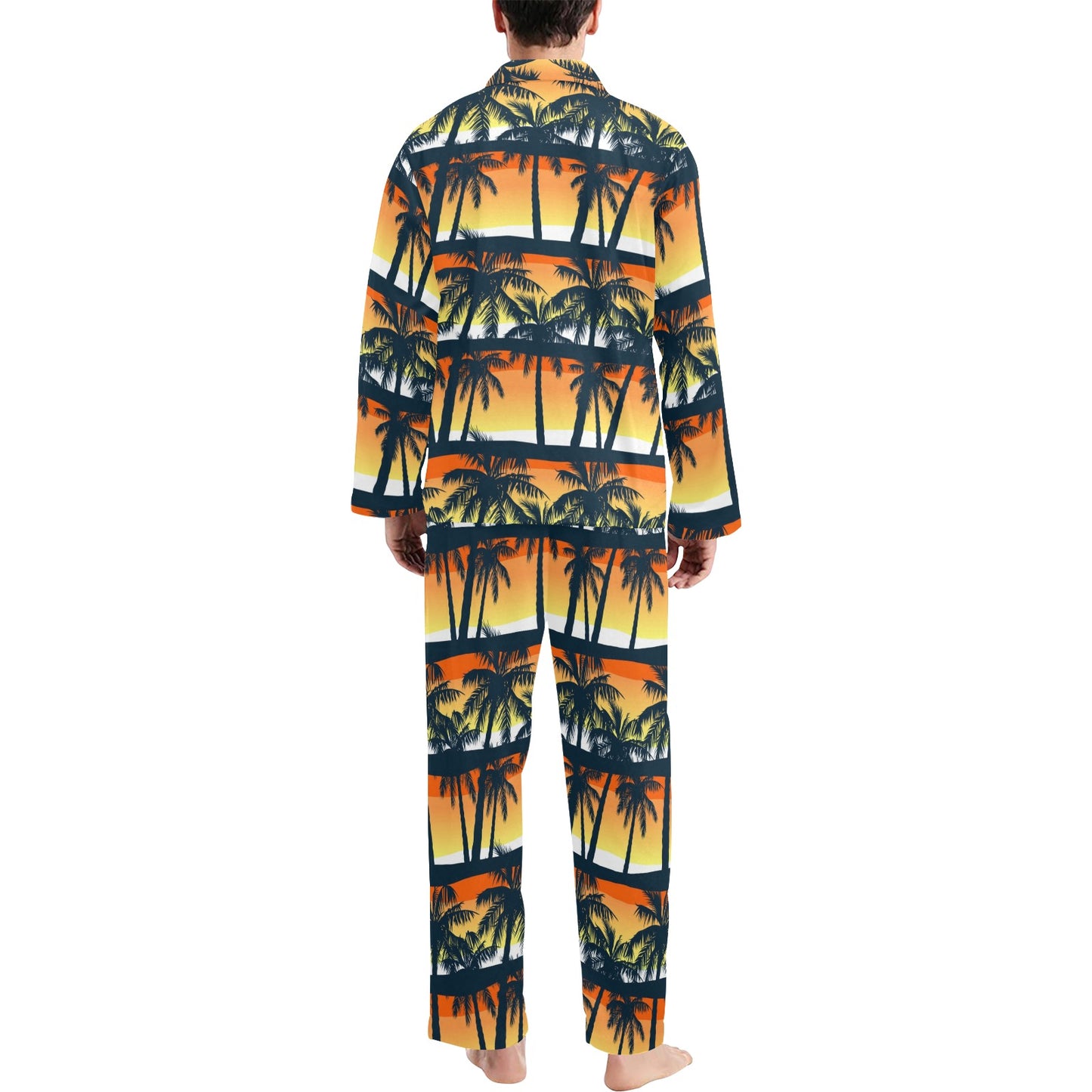 Palm Tree Sunset Design Print Men's Long Pajama Set