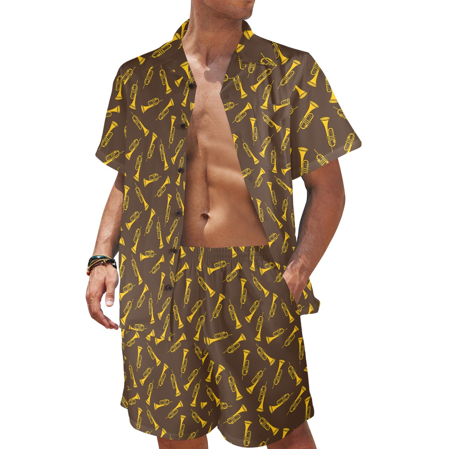 Trumpet Pattern Design Print Men's Beach Shirt and Shorts Set