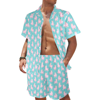Alpaca Cartoon Design Themed Print Men's Beach Shirt and Shorts Set