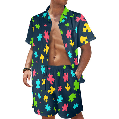 Autism Awareness Colorful Design Print Men's Beach Shirt and Shorts Set