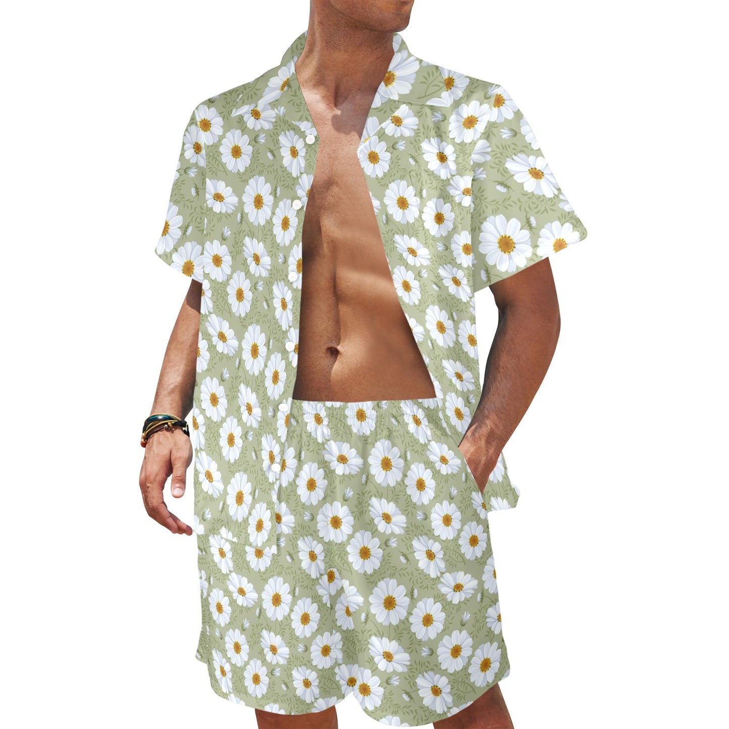 Daisy Yellow Print Pattern Men's Beach Shirt and Shorts Set