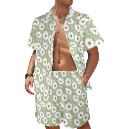 Daisy Yellow Print Pattern Men's Beach Shirt and Shorts Set