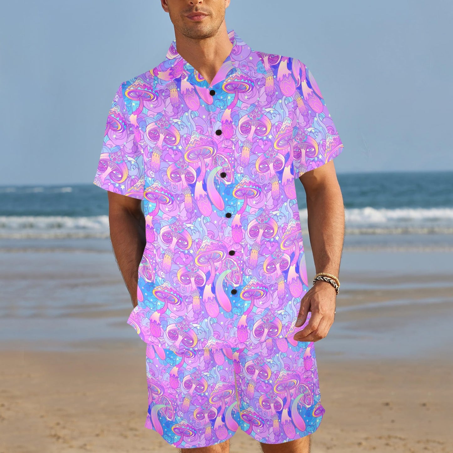 Psychedelic Trippy Mushroom Print Men's Beach Shirt and Shorts Set