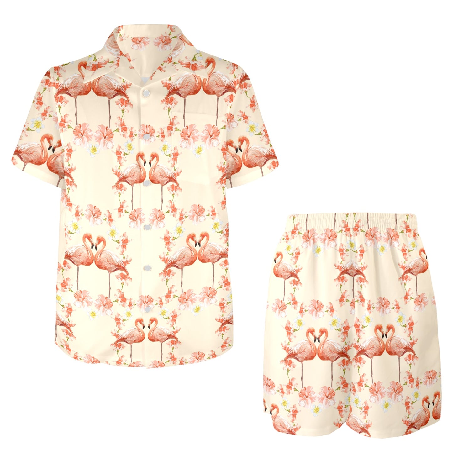 Flamingo Hibiscus Print Pattern Men's Beach Shirt and Shorts Set