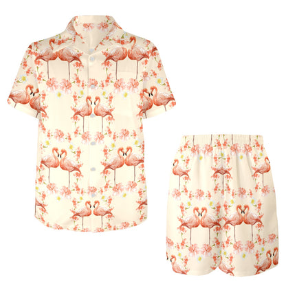 Flamingo Hibiscus Print Pattern Men's Beach Shirt and Shorts Set