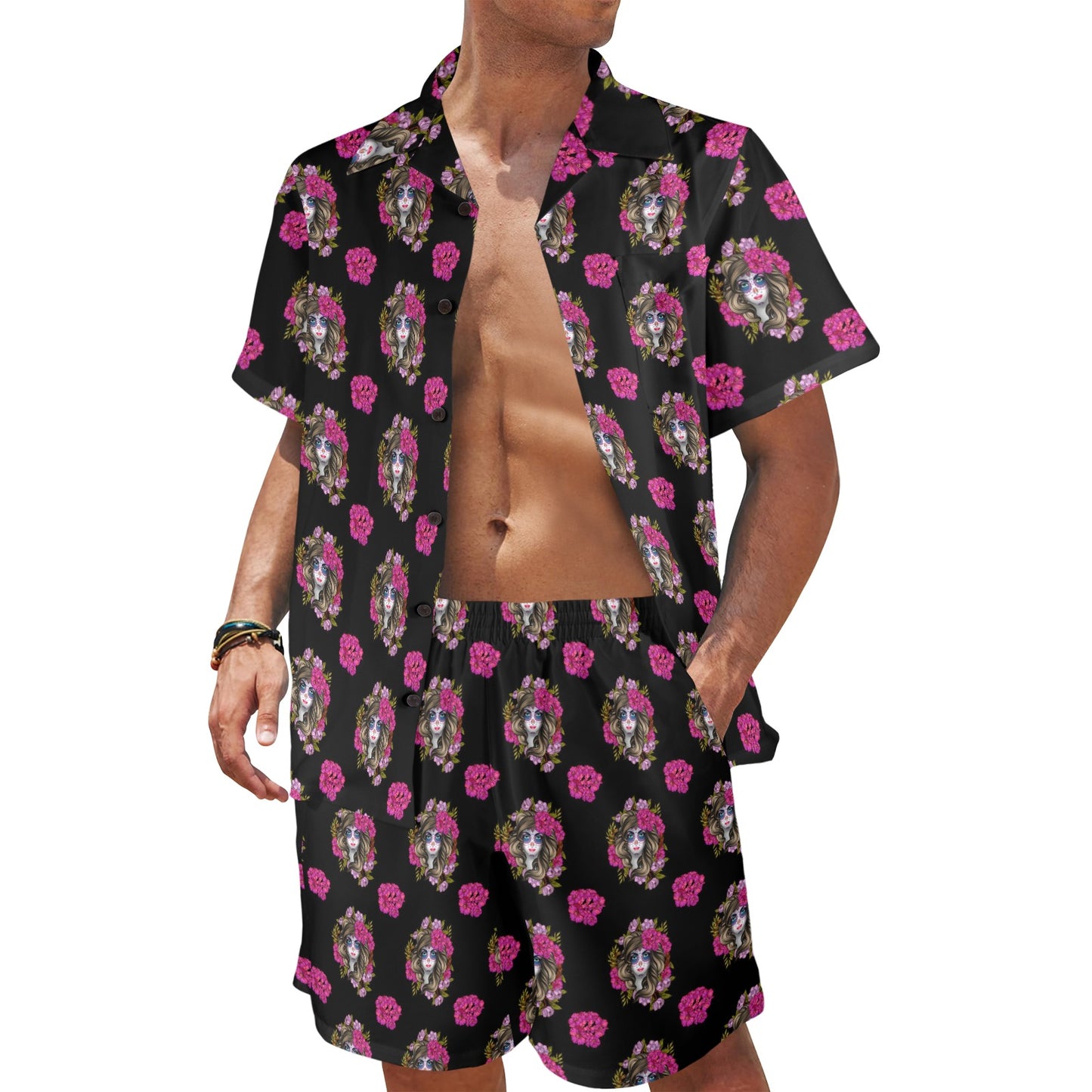 Day of the Dead Makeup Girl Men's Beach Shirt and Shorts Set