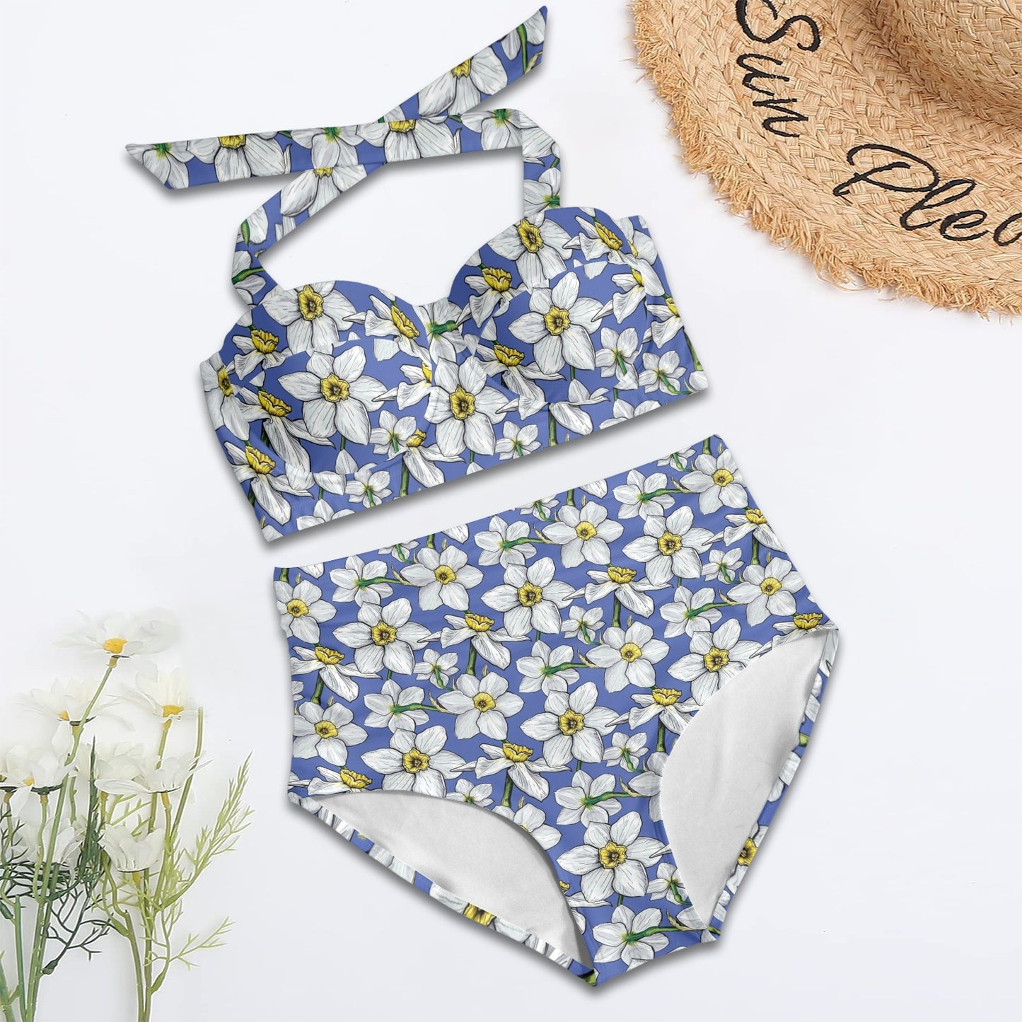 Daffodils Pattern Print Design DF08 Halter Neck Bikini Swimsuit