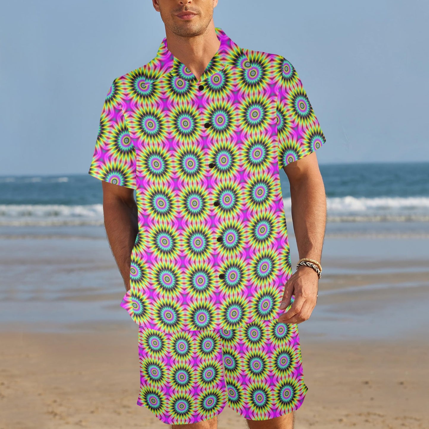 Optical illusion Flower Rainbow Style Men's Beach Shirt and Shorts Set