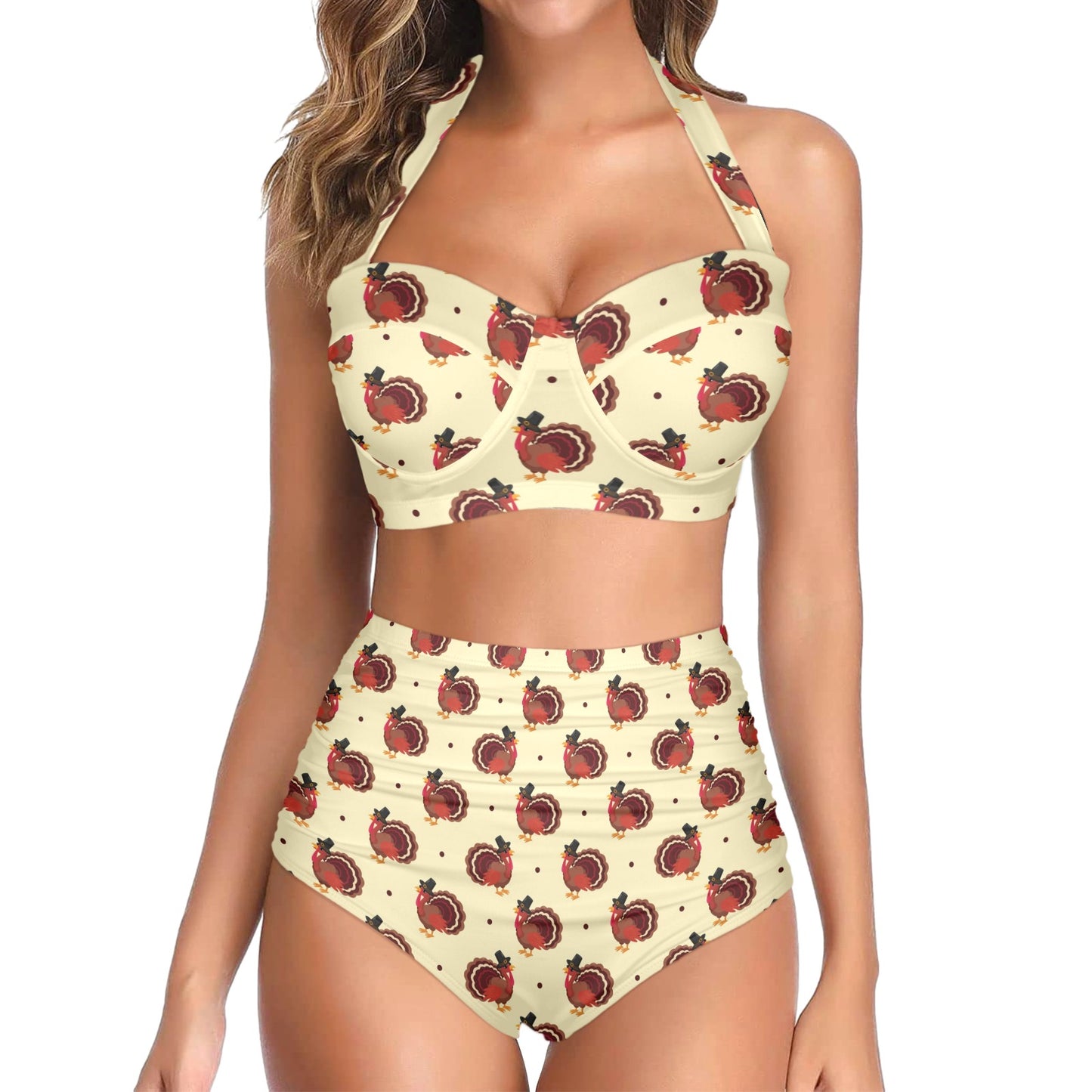 Thanksgiving Print Design LKS3010 Halter Neck Bikini Swimsuit