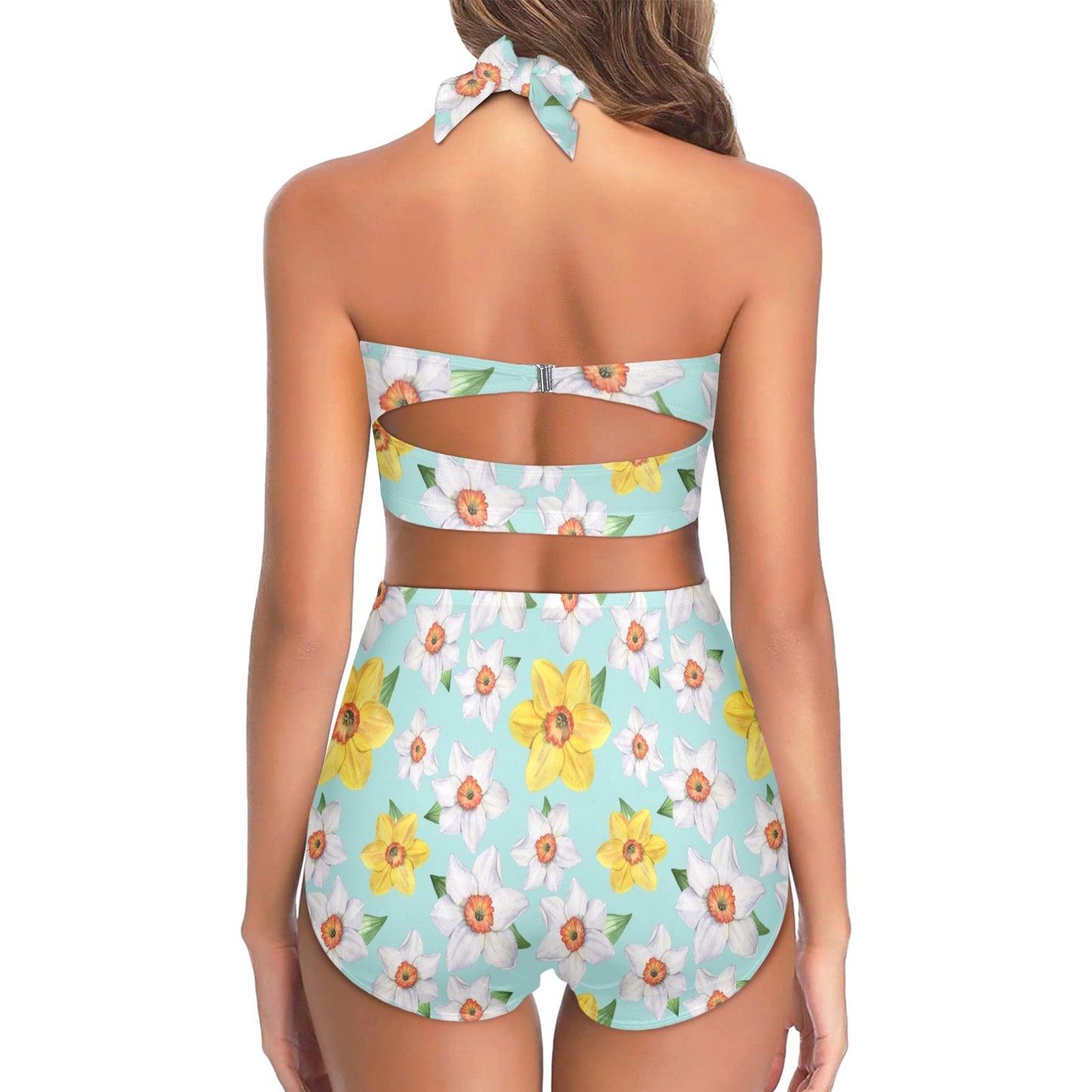 Daffodils Pattern Print Design DF07 Halter Neck Bikini Swimsuit