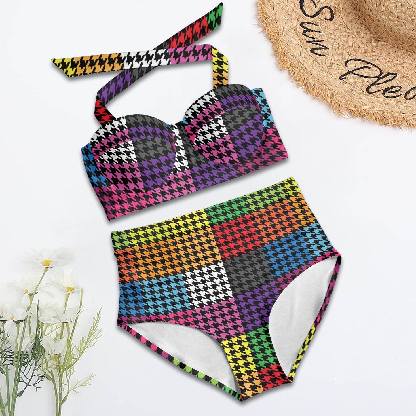 Houndstooth Colorful Pattern Print Design 01 Halter Neck Bikini Swimsuit
