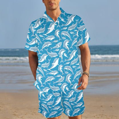 Dolphin Cute Print Pattern Men's Beach Shirt and Shorts Set
