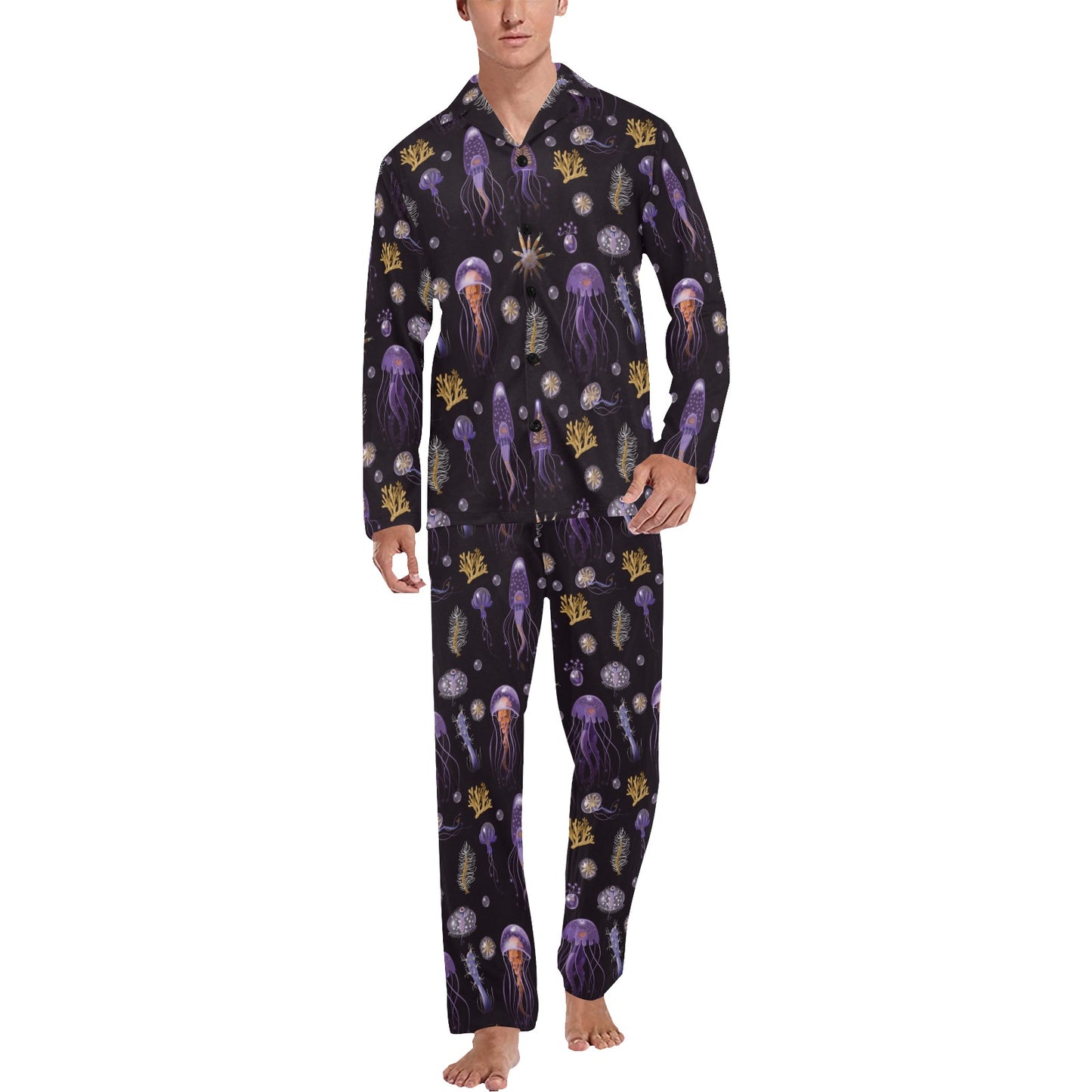 Seaweed With Jelly Fish Print Design LKS305 Men's Long Pajama Set
