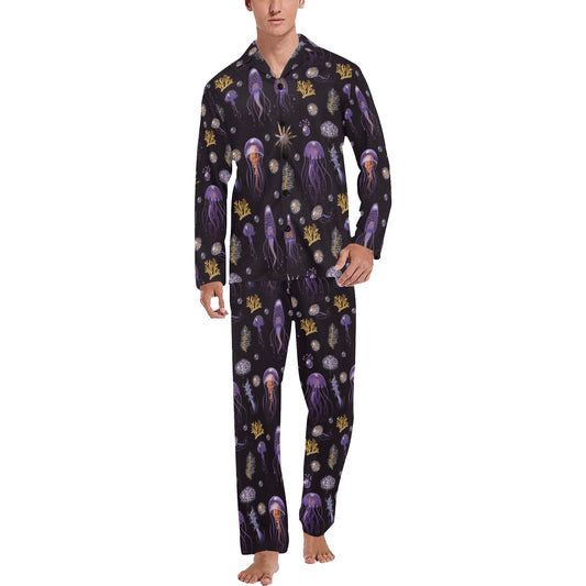 Seaweed With Jelly Fish Print Design LKS305 Men's Long Pajama Set