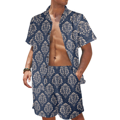 Damask Blue Luxury Print Pattern Men's Beach Shirt and Shorts Set