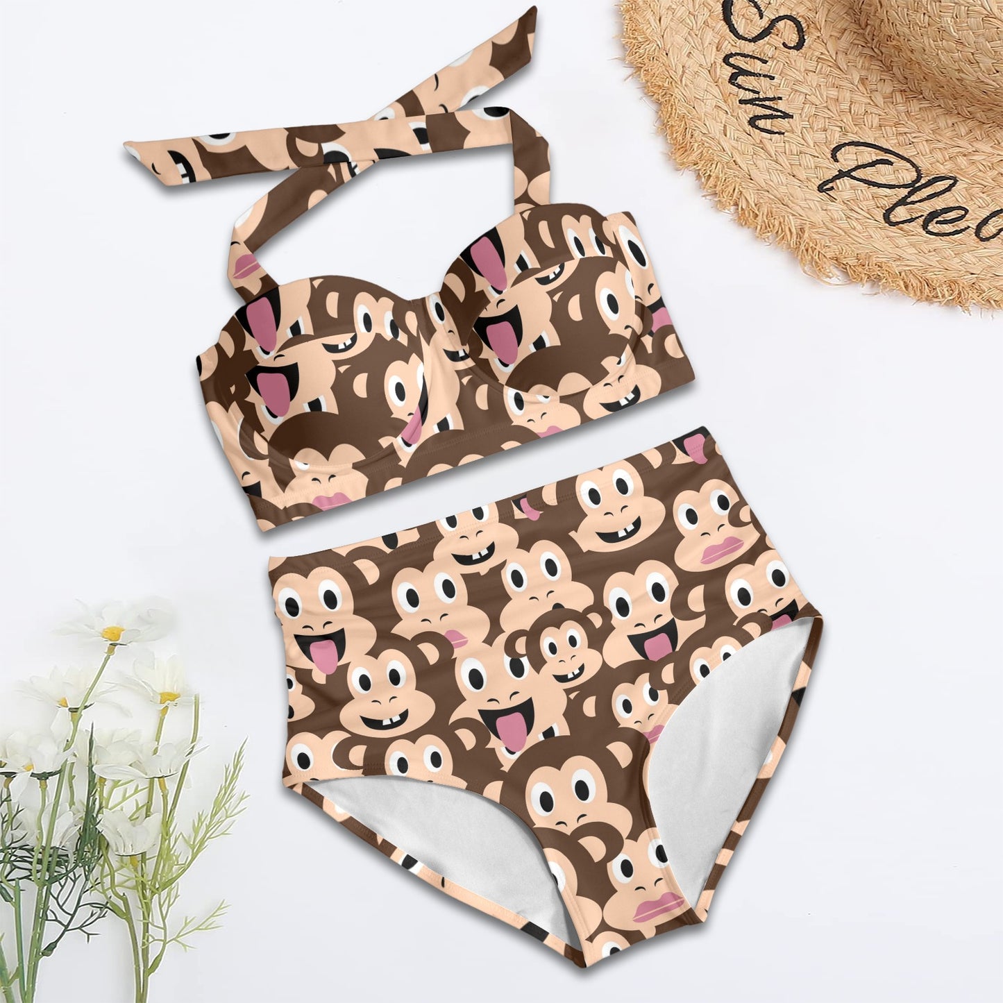 Emoji Monkey Print Pattern Halter Neck Bikini Swimsuit