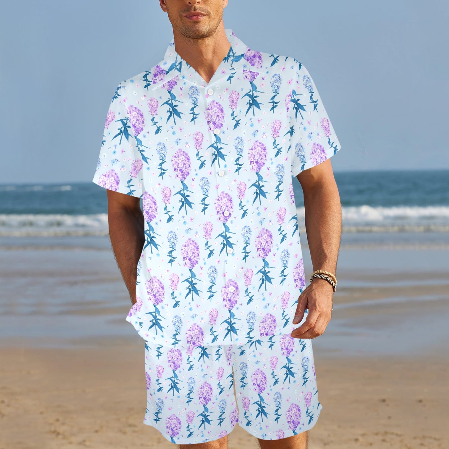 Lilac Pattern Print Design LI05 Men's Beach Shirt and Shorts Set