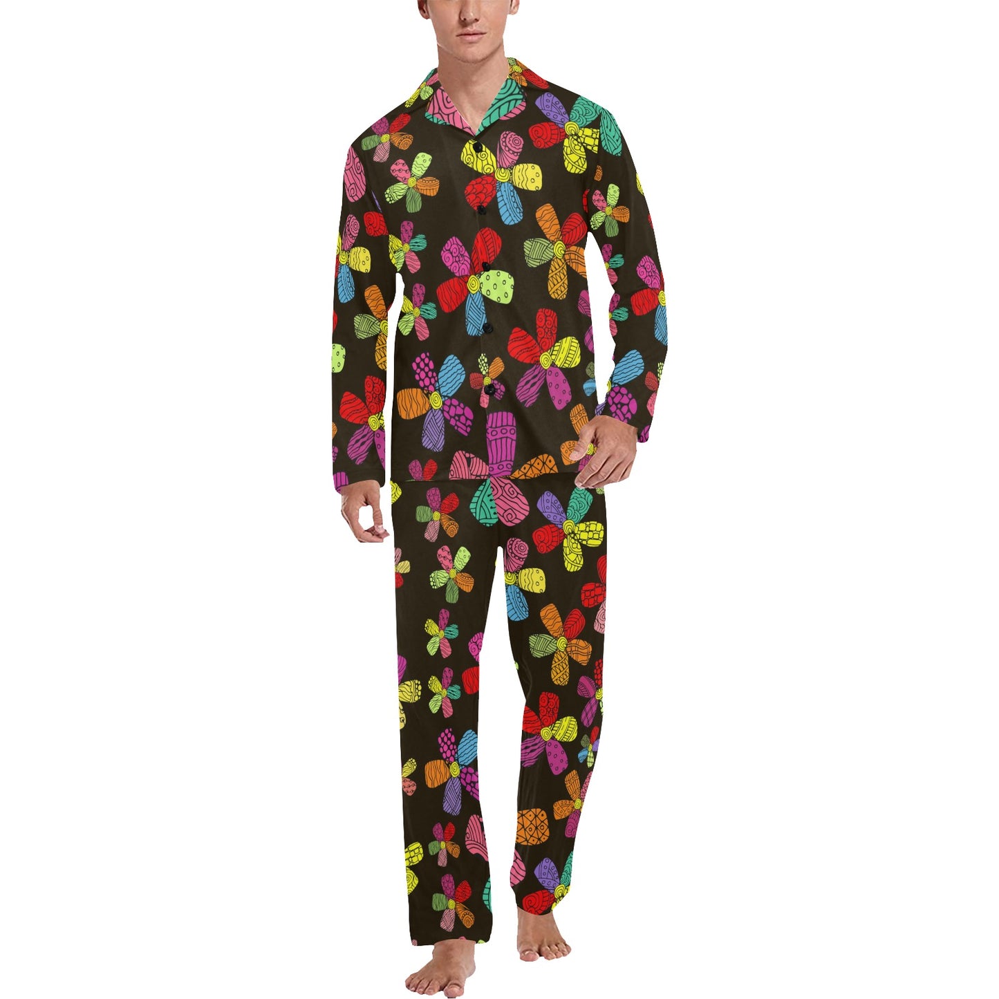 Flower Power Colorful Print Pattern Men's Long Pajama Set