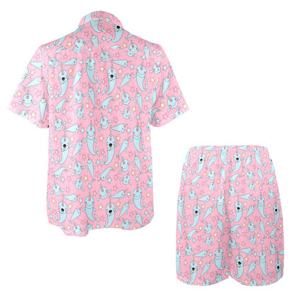 Narwhal Cartoon Cute Print Men's Beach Shirt and Shorts Set