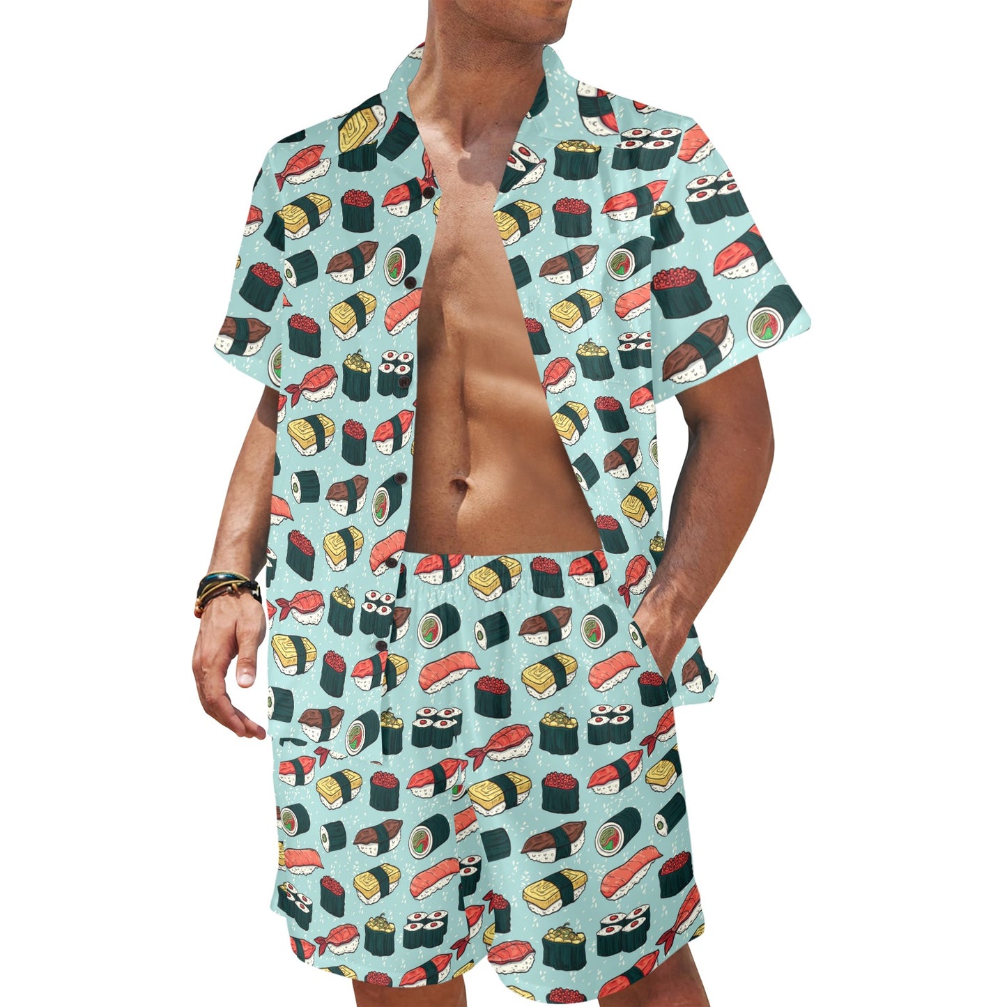 Sushi Pattern Design Men's Beach Shirt and Shorts Set