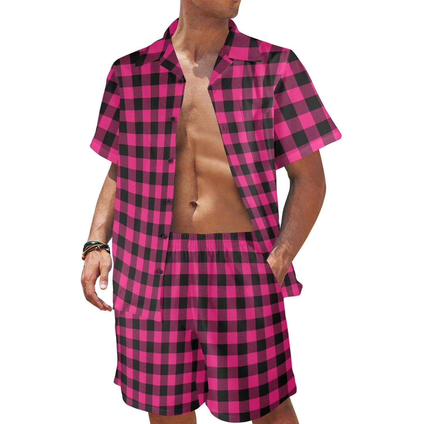 Pink Tartan Plaid Pattern Men's Beach Shirt and Shorts Set