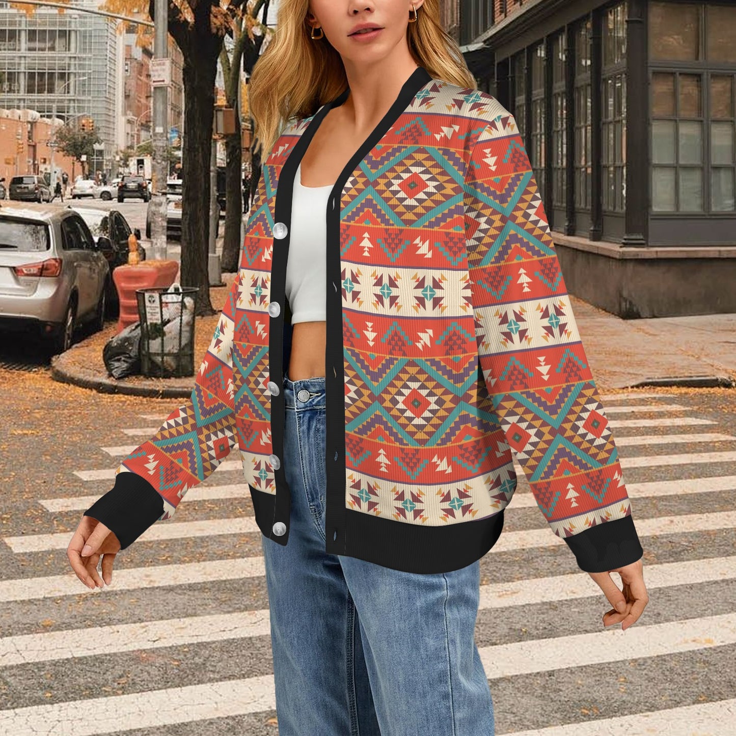 Aztec Red Print Pattern Women's Cardigan