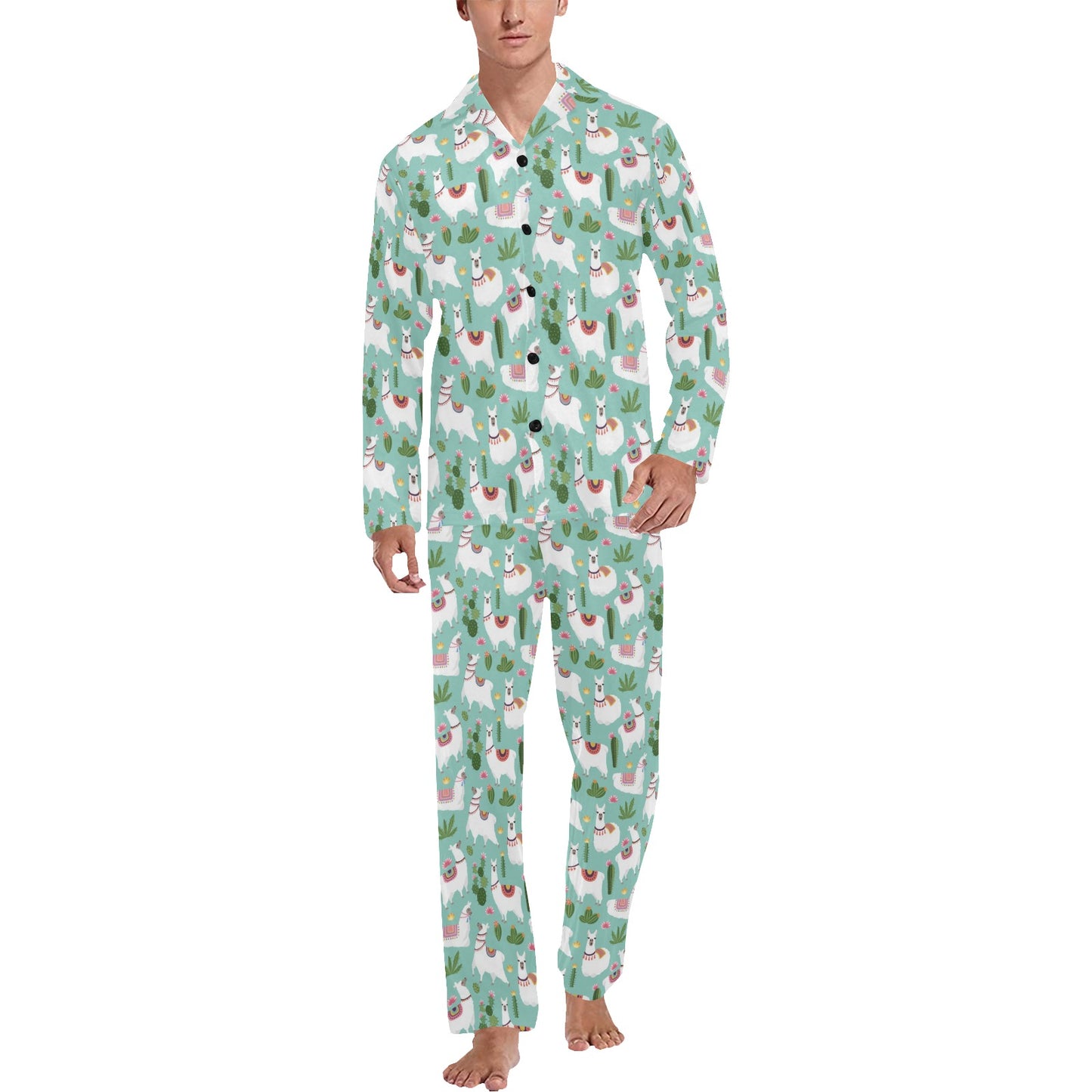 Llama with Cactus Themed Print Men's Long Pajama Set