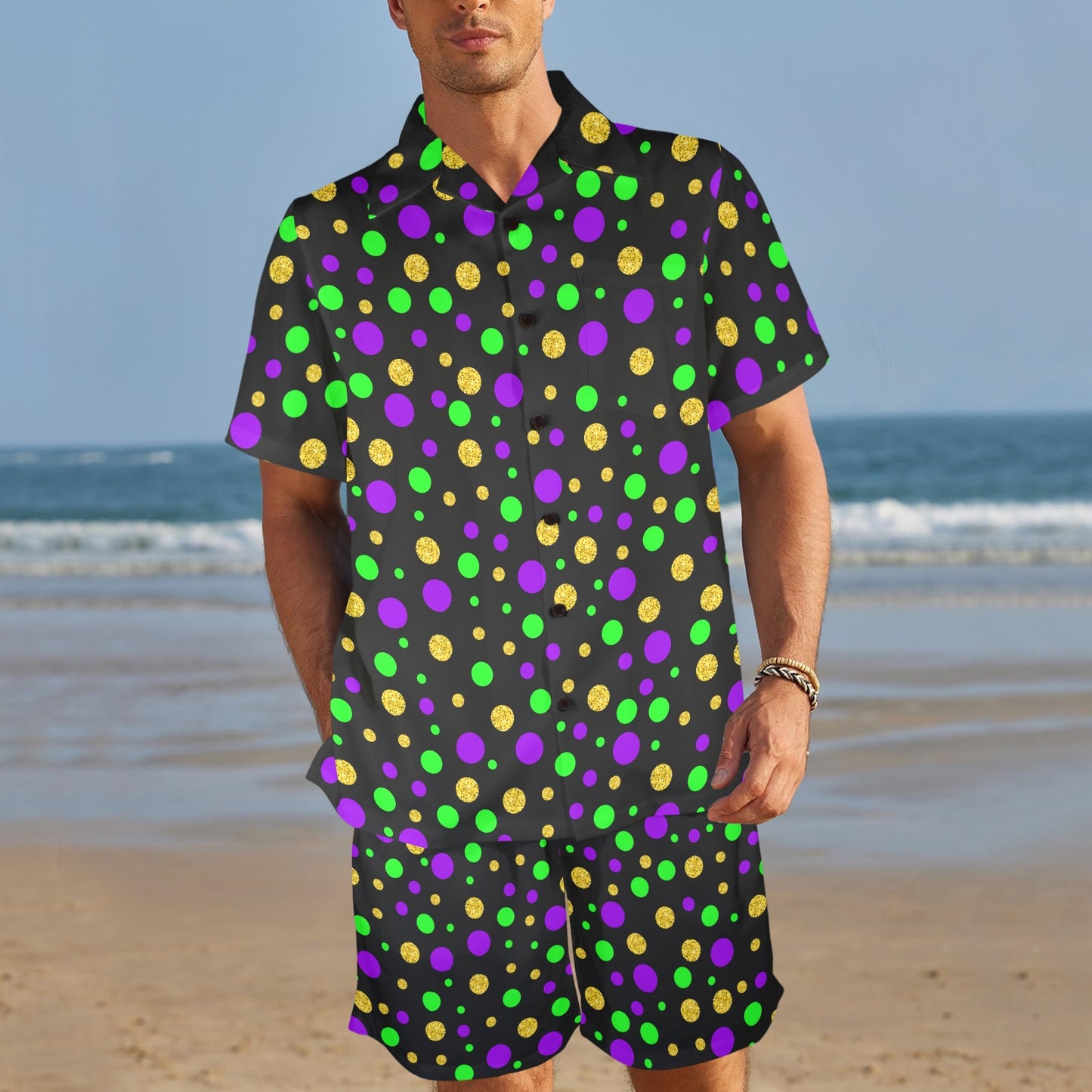 Mardi Gras Pattern Print Design 07 Men's Beach Shirt and Shorts Set