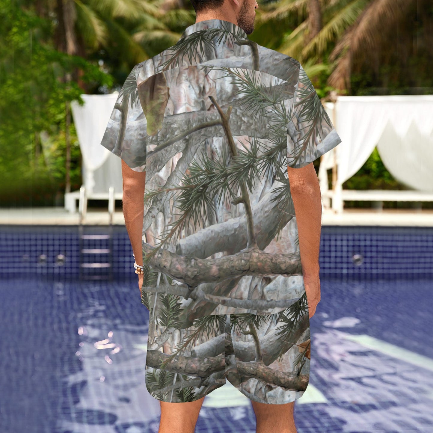 Camo Realistic Tree Forest Pattern Men's Beach Shirt and Shorts Set