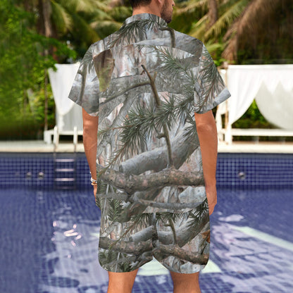 Camo Realistic Tree Forest Pattern Men's Beach Shirt and Shorts Set