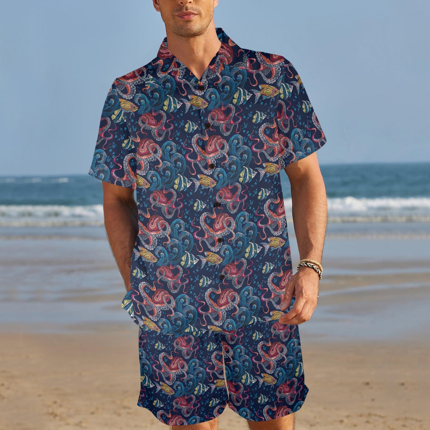 Octopus Deep Sea Print Themed Men's Beach Shirt and Shorts Set