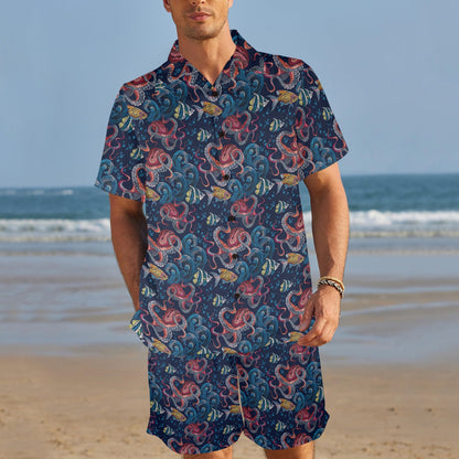 Octopus Deep Sea Print Themed Men's Beach Shirt and Shorts Set