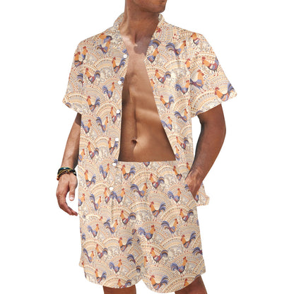 Chicken Boho Style Pattern Men's Beach Shirt and Shorts Set