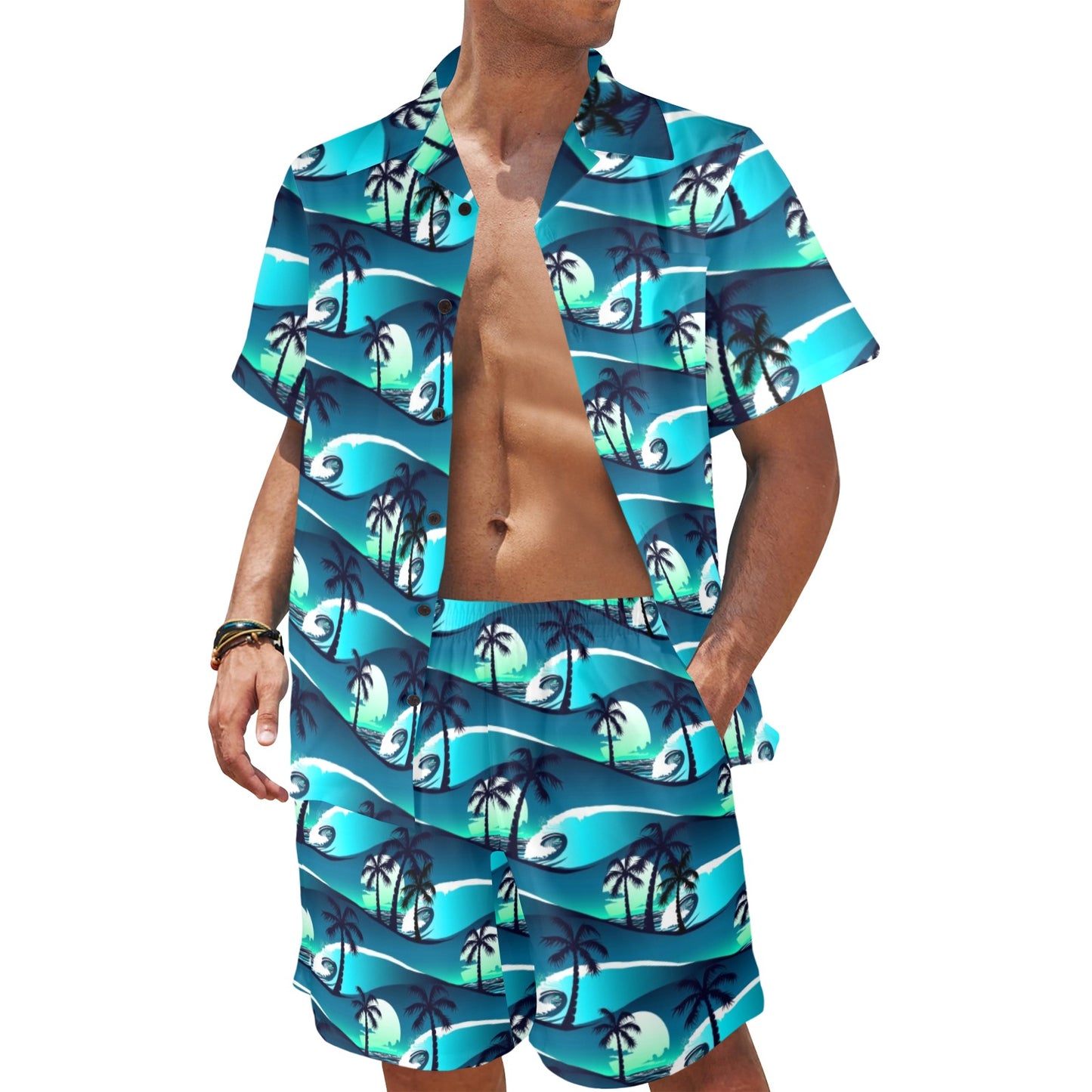Beach Wave Design Print Men's Beach Shirt and Shorts Set