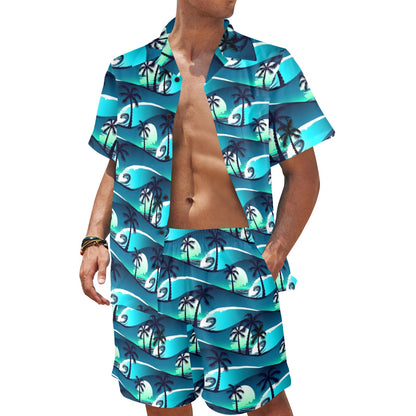 Beach Wave Design Print Men's Beach Shirt and Shorts Set