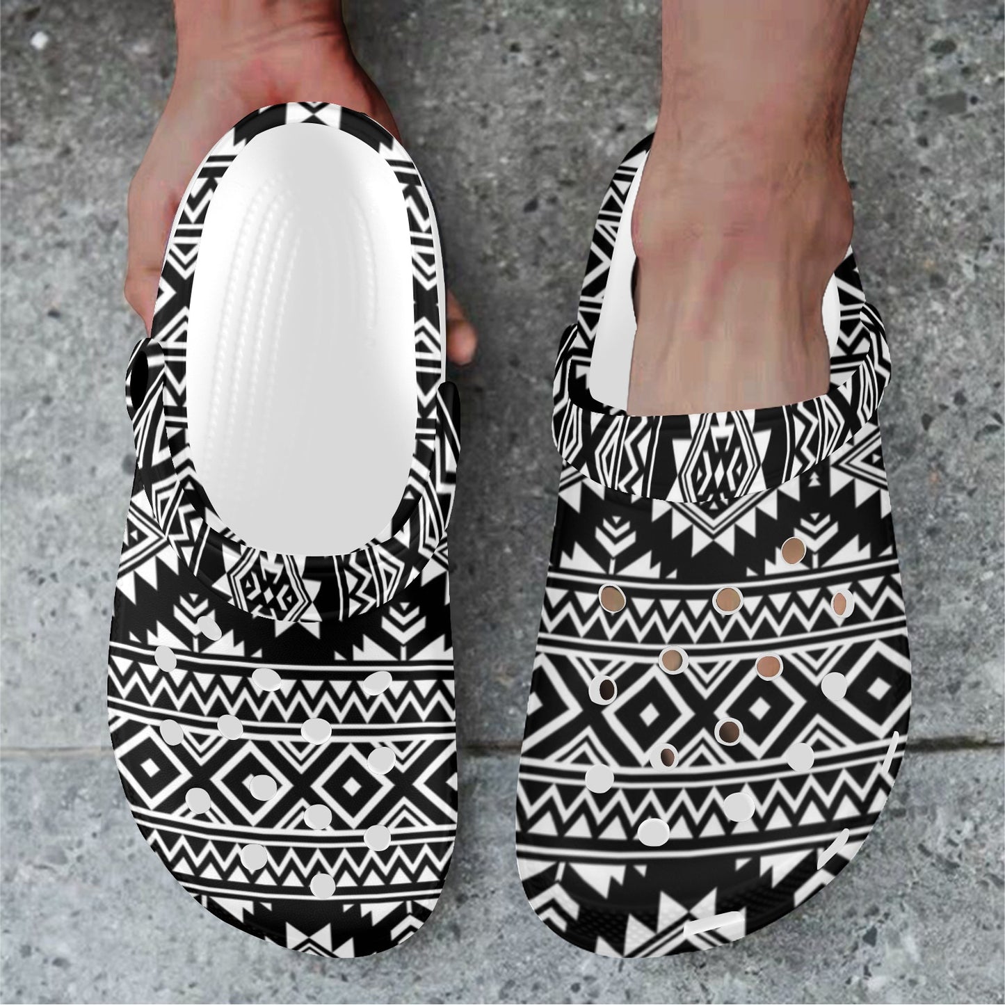 Aztec Black White Print Pattern Unisex Clogs Shoes