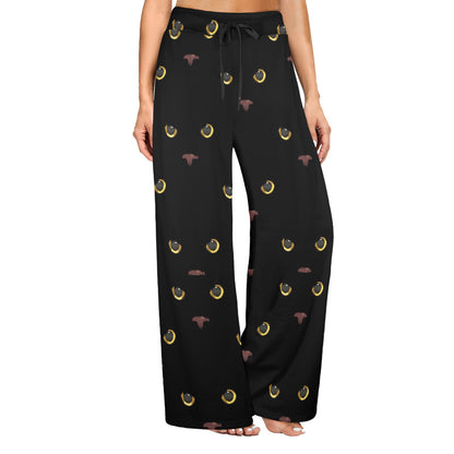 Black Cat Face Print Pattern Women's Wide Leg Lounge Pants