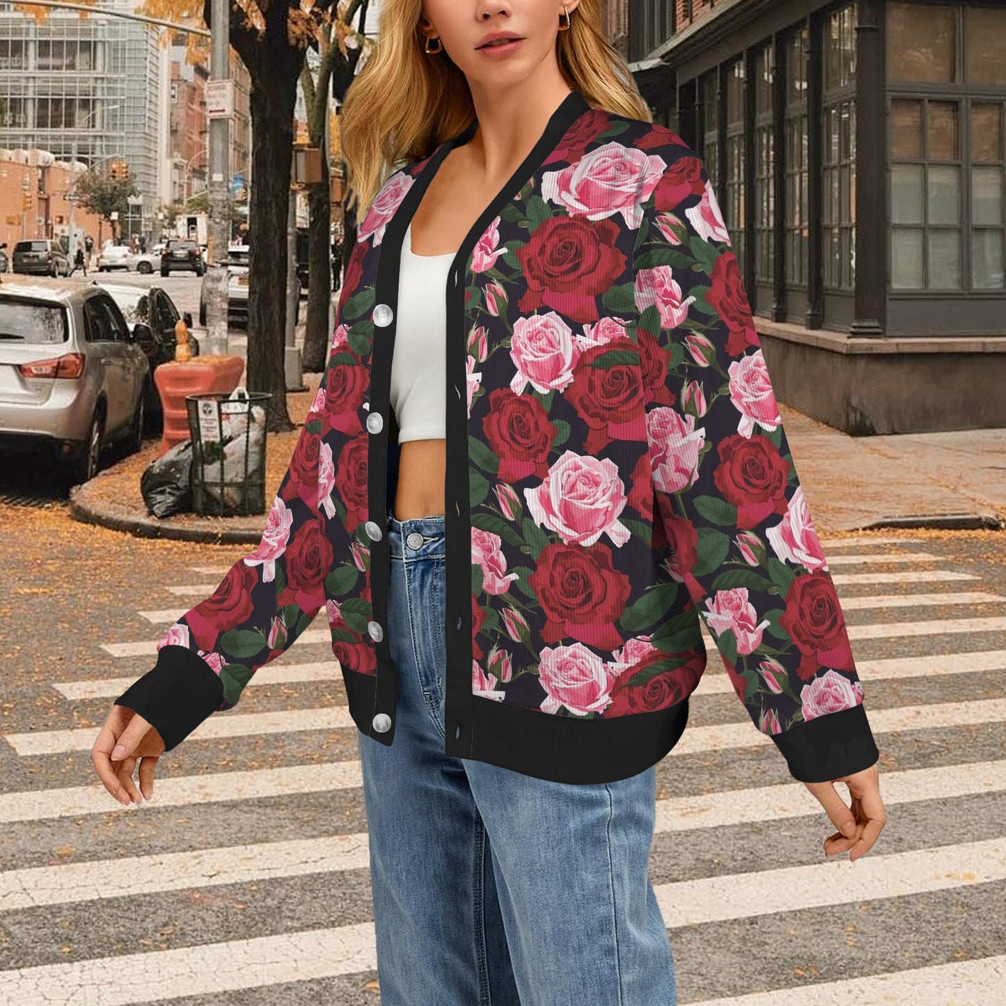 Rose Red Pink Pattern Print Design RO01 Women's Cardigan