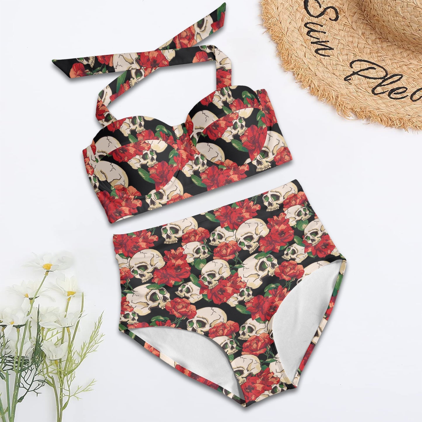 Skull Red Rose Halter Neck Bikini Swimsuit
