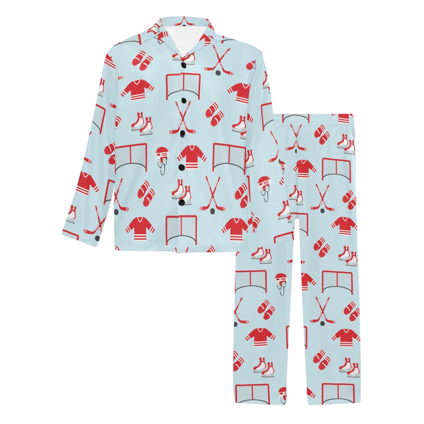 Hockey Red Equipment Print Design LKS305 Men's Long Pajama Set