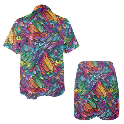 Feather Multicolor Design Print Men's Beach Shirt and Shorts Set