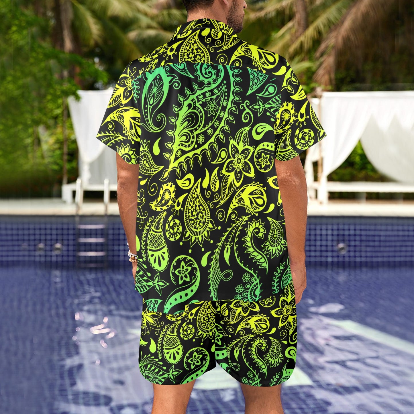 Paisley Green Design Print Men's Beach Shirt and Shorts Set