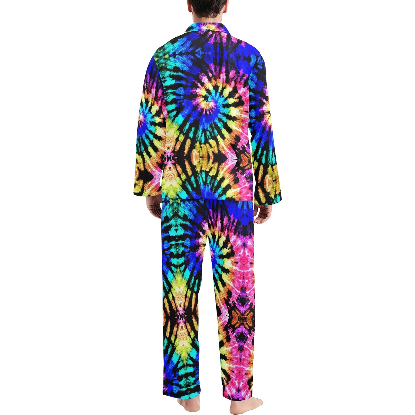 Tie Dye Rainbow Design Print Men's Long Pajama Set