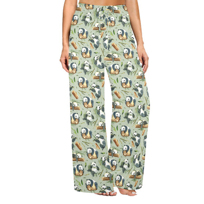Panda Bear Design Bamboo Print Women's Wide Leg Lounge Pants