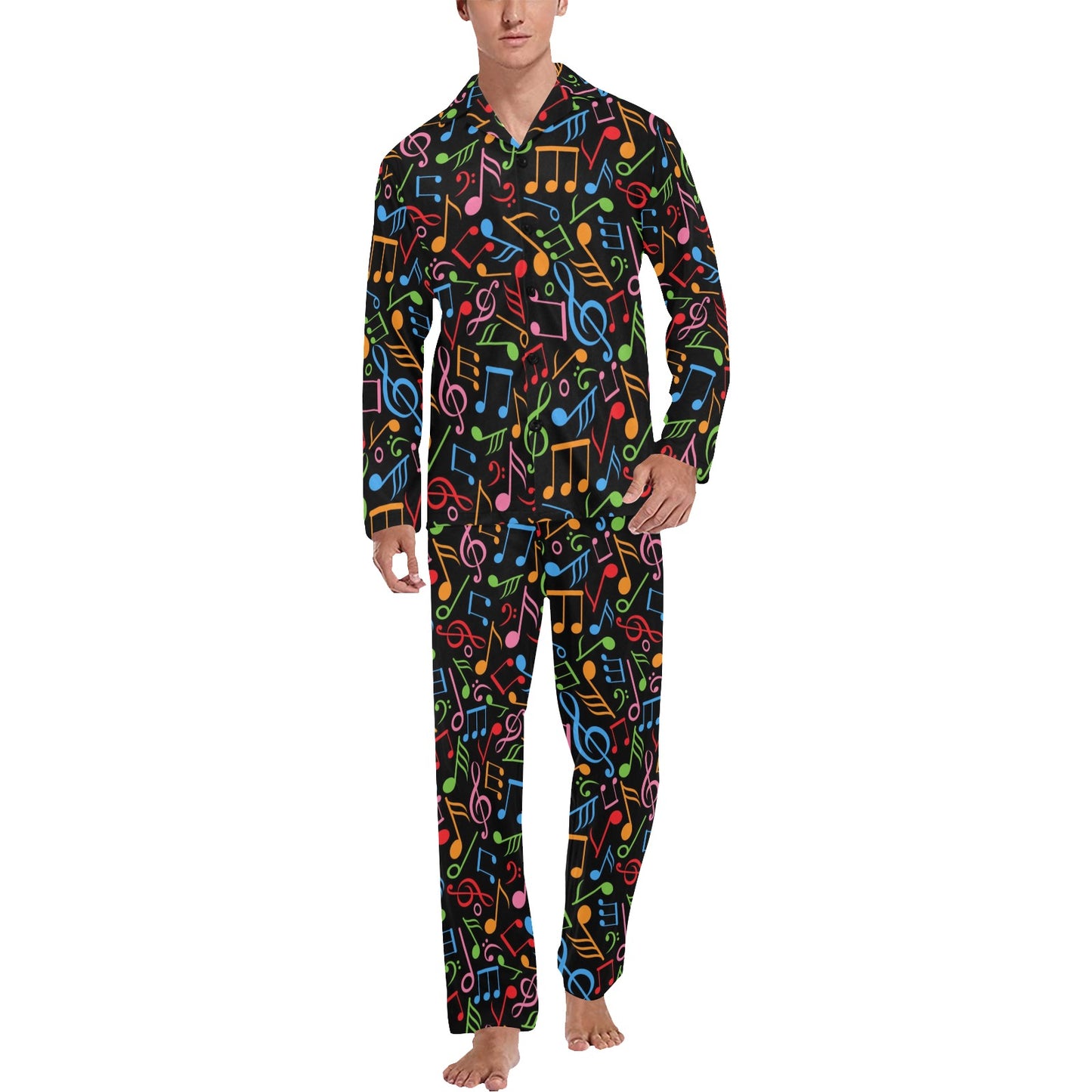Music Note Colorful Themed Print Men's Long Pajama Set