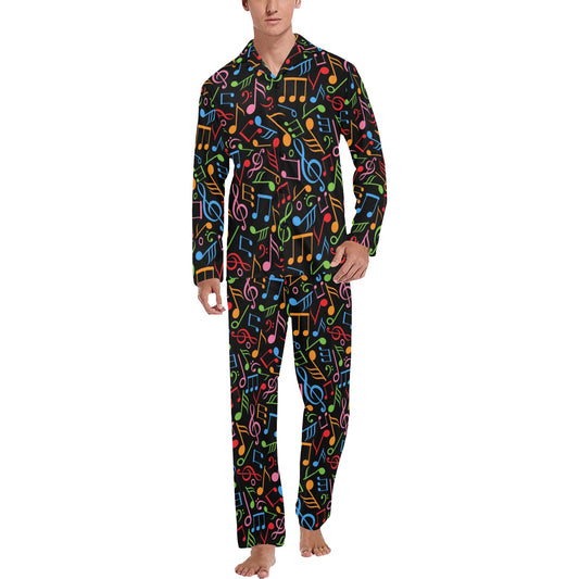 Music Note Colorful Themed Print Men's Long Pajama Set
