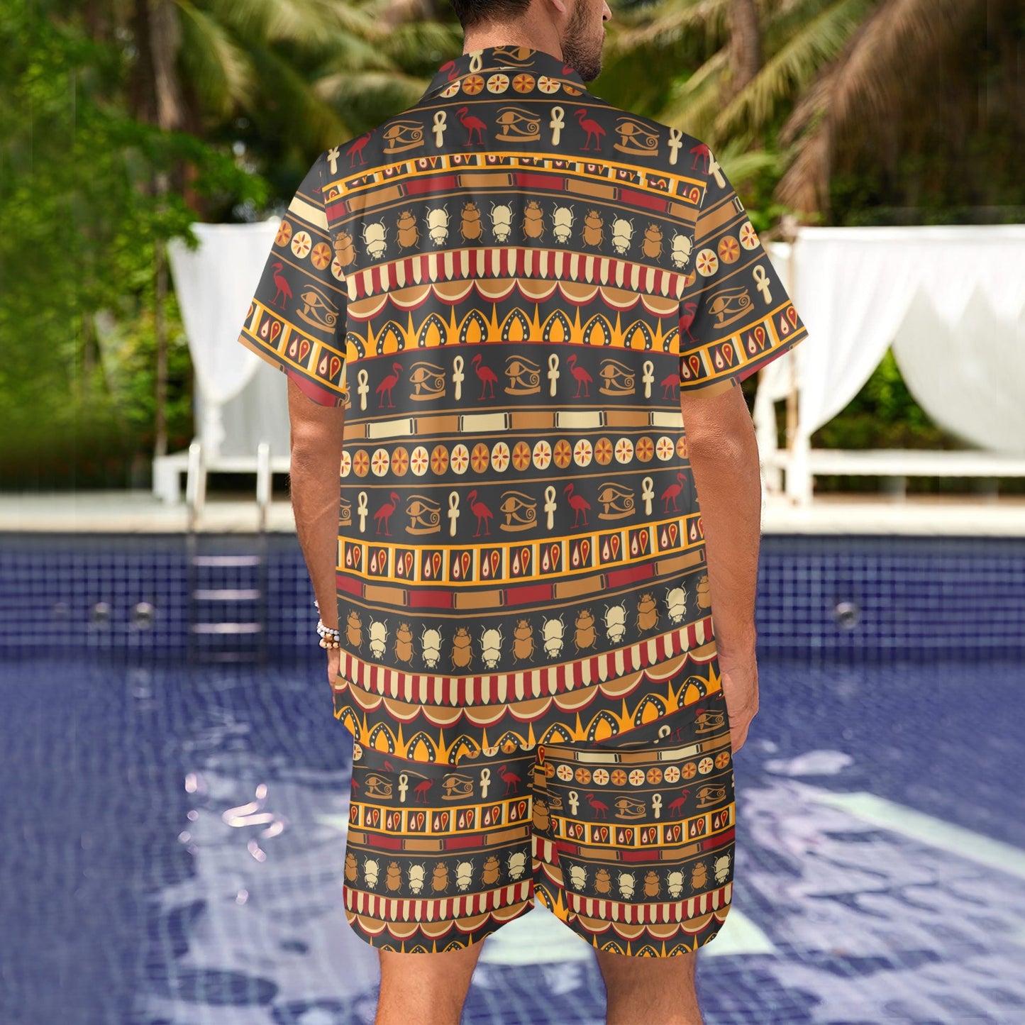 egyptian Design Print Pattern JJ0173 Men's Beach Shirt and Shorts Set