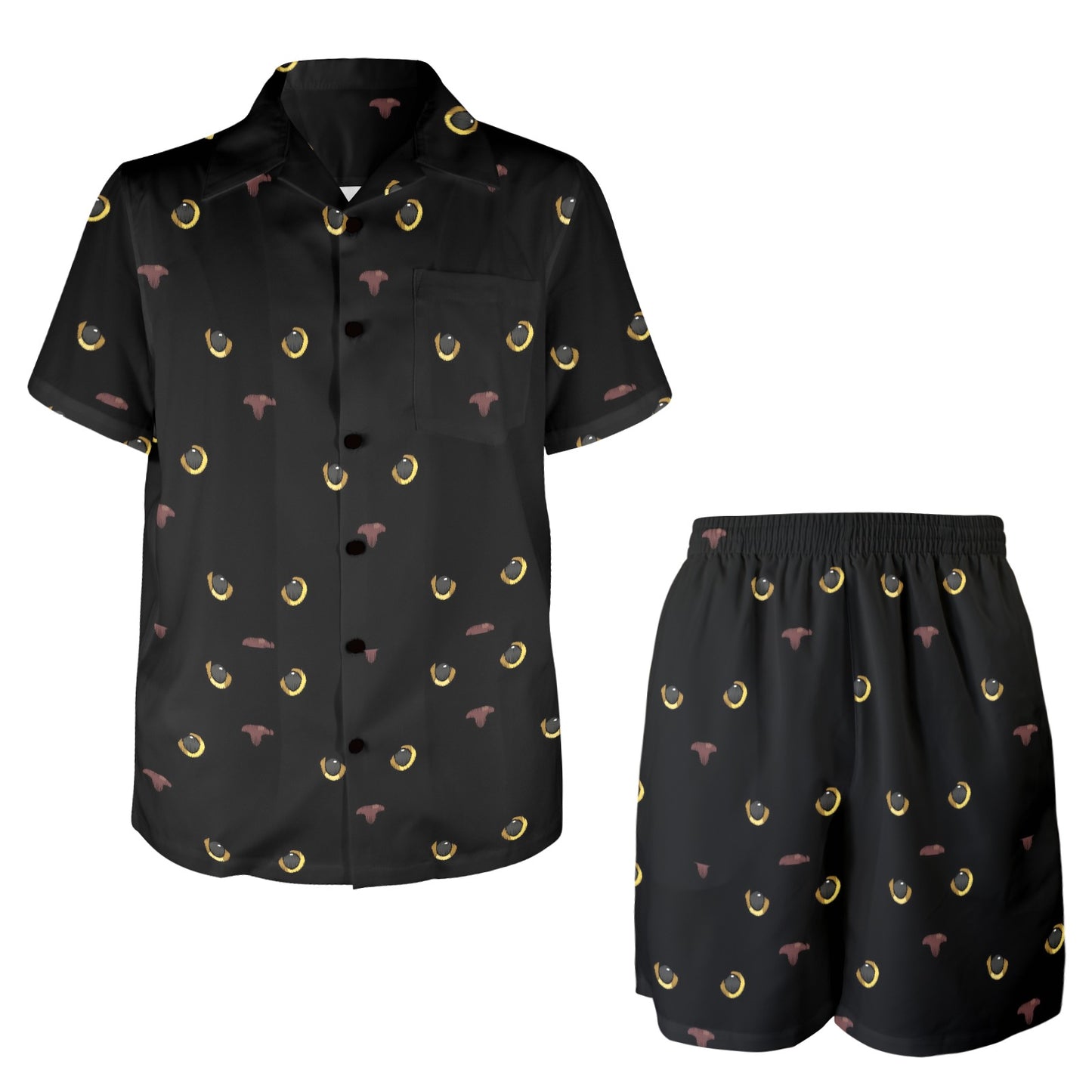 Black Cat Face Print Pattern Men's Beach Shirt and Shorts Set