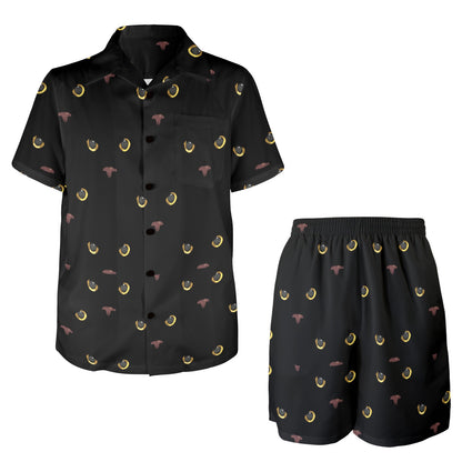 Black Cat Face Print Pattern Men's Beach Shirt and Shorts Set